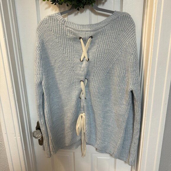 Harper Heritage Blue and White Knit Sweater with Tie Down the Back-Size Large - Picture 2 of 5